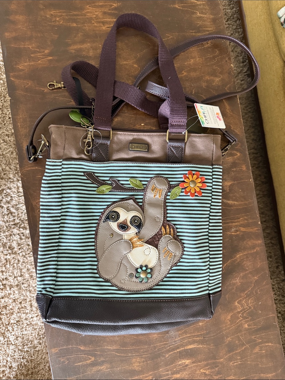 Chala Aqua and Brown Striped Sloth Tote with Floral Charm